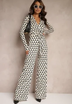 Beżowy Kombinezon z Kopertowym Dekoltem i Wiązanym Paskiem Tallsend