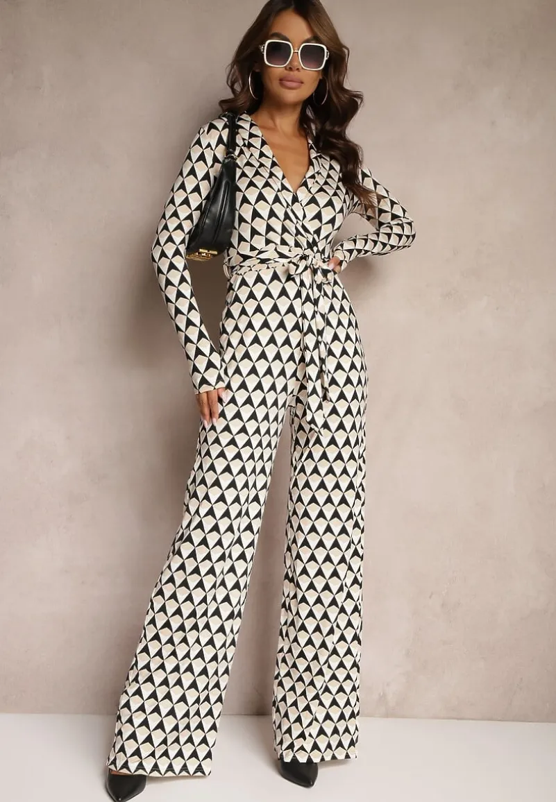 Beżowy Kombinezon z Kopertowym Dekoltem i Wiązanym Paskiem Tallsend