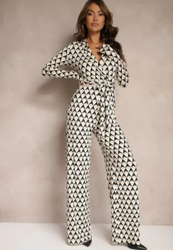 Beżowy Kombinezon z Kopertowym Dekoltem i Wiązanym Paskiem Tallsend