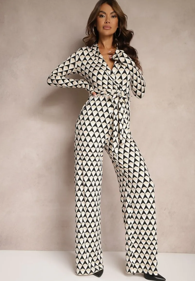 Beżowy Kombinezon z Kopertowym Dekoltem i Wiązanym Paskiem Tallsend