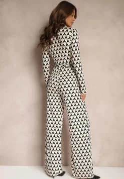 Beżowy Kombinezon z Kopertowym Dekoltem i Wiązanym Paskiem Tallsend