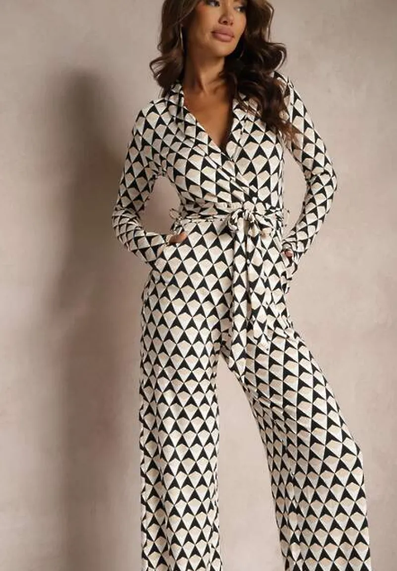 Beżowy Kombinezon z Kopertowym Dekoltem i Wiązanym Paskiem Tallsend