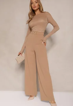 Beżowy Kombinezon z Koronki z Wiskozą z Wszytym Paskiem z Aplikacją Ninadira