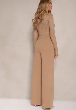 Beżowy Kombinezon z Koronki z Wiskozą z Wszytym Paskiem z Aplikacją Ninadira