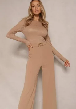 Beżowy Kombinezon z Koronki z Wiskozą z Wszytym Paskiem z Aplikacją Ninadira