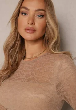 Beżowy Kombinezon z Koronki z Wiskozą z Wszytym Paskiem z Aplikacją Ninadira