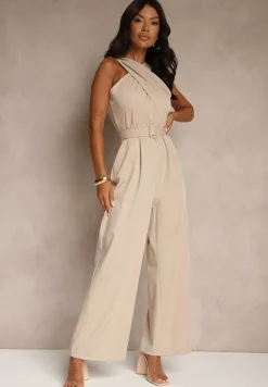 Beżowy Kombinezon z Paskiem z Klamrą i Marszczeniem Dolavelle