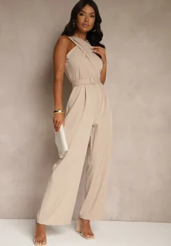 Beżowy Kombinezon z Paskiem z Klamrą i Marszczeniem Dolavelle