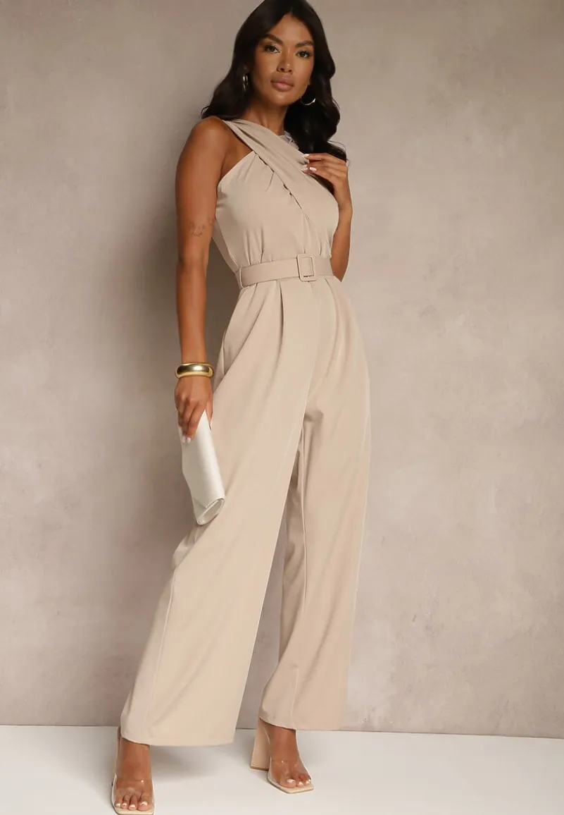 Beżowy Kombinezon z Paskiem z Klamrą i Marszczeniem Dolavelle