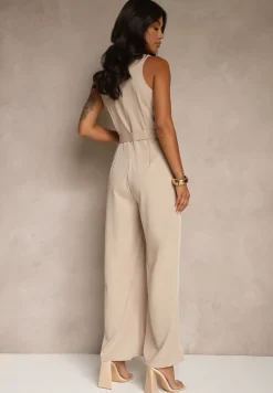Beżowy Kombinezon z Paskiem z Klamrą i Marszczeniem Dolavelle