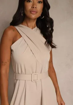 Beżowy Kombinezon z Paskiem z Klamrą i Marszczeniem Dolavelle