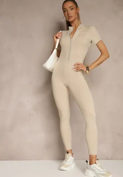 Beżowy Kombinezon z Półgolfem i Przeszyciami Lumaleine