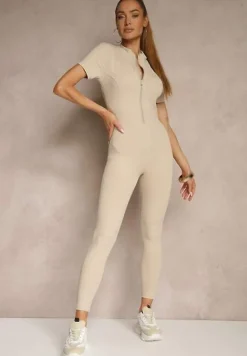 Beżowy Kombinezon z Półgolfem i Przeszyciami Lumaleine