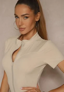 Beżowy Kombinezon z Półgolfem i Przeszyciami Lumaleine