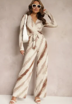 Beżowy Kombinezon z Trójkątnym Dekoltem i Paskiem w Talii Nanthe