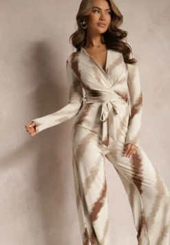 Beżowy Kombinezon z Trójkątnym Dekoltem i Paskiem w Talii Nanthe