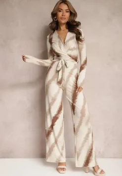 Beżowy Kombinezon z Trójkątnym Dekoltem i Paskiem w Talii Nanthe