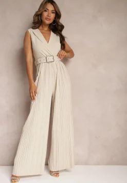Beżowy Kombinezon z Trójkątnym Dekoltem i Szerokimi Plisowanymi Nogawkami z Paskiem Moncilla