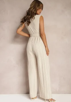 Beżowy Kombinezon z Trójkątnym Dekoltem i Szerokimi Plisowanymi Nogawkami z Paskiem Moncilla