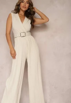 Beżowy Kombinezon z Trójkątnym Dekoltem i Szerokimi Plisowanymi Nogawkami z Paskiem Moncilla