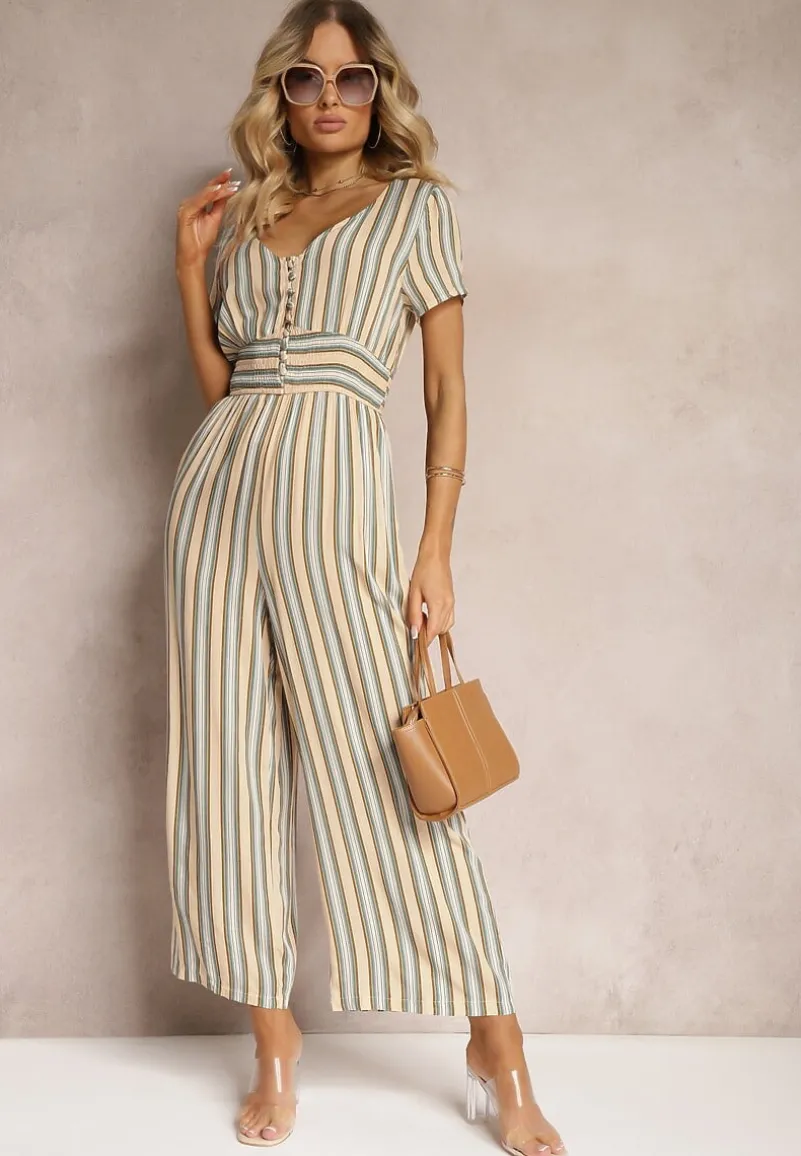 Beżowy Kombinezon z Wiskozy Wykończony Gumką w Talii i Guzikami przy Dekolcie Tinaviras