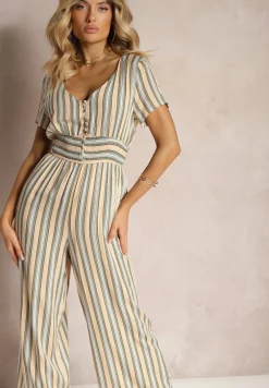 Beżowy Kombinezon z Wiskozy Wykończony Gumką w Talii i Guzikami przy Dekolcie Tinaviras