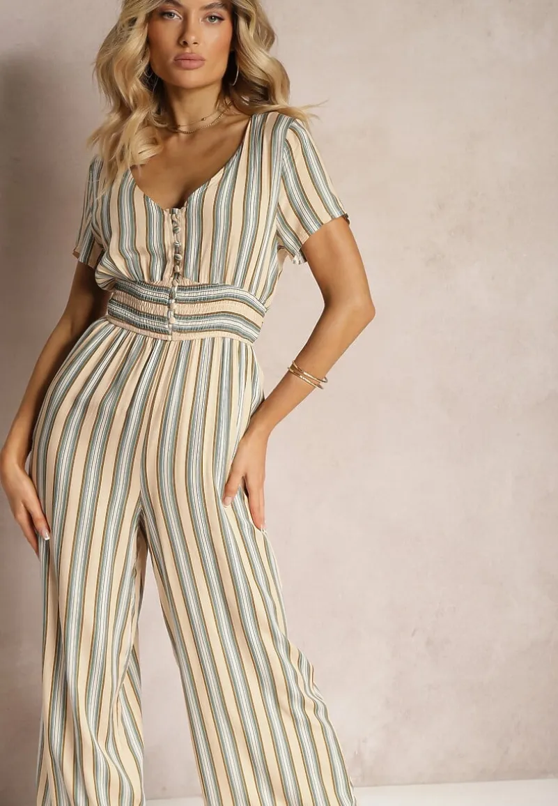 Beżowy Kombinezon z Wiskozy Wykończony Gumką w Talii i Guzikami przy Dekolcie Tinaviras