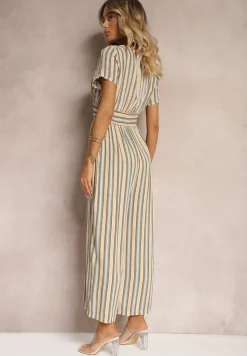 Beżowy Kombinezon z Wiskozy Wykończony Gumką w Talii i Guzikami przy Dekolcie Tinaviras