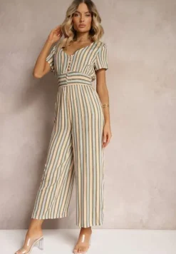 Beżowy Kombinezon z Wiskozy Wykończony Gumką w Talii i Guzikami przy Dekolcie Tinaviras