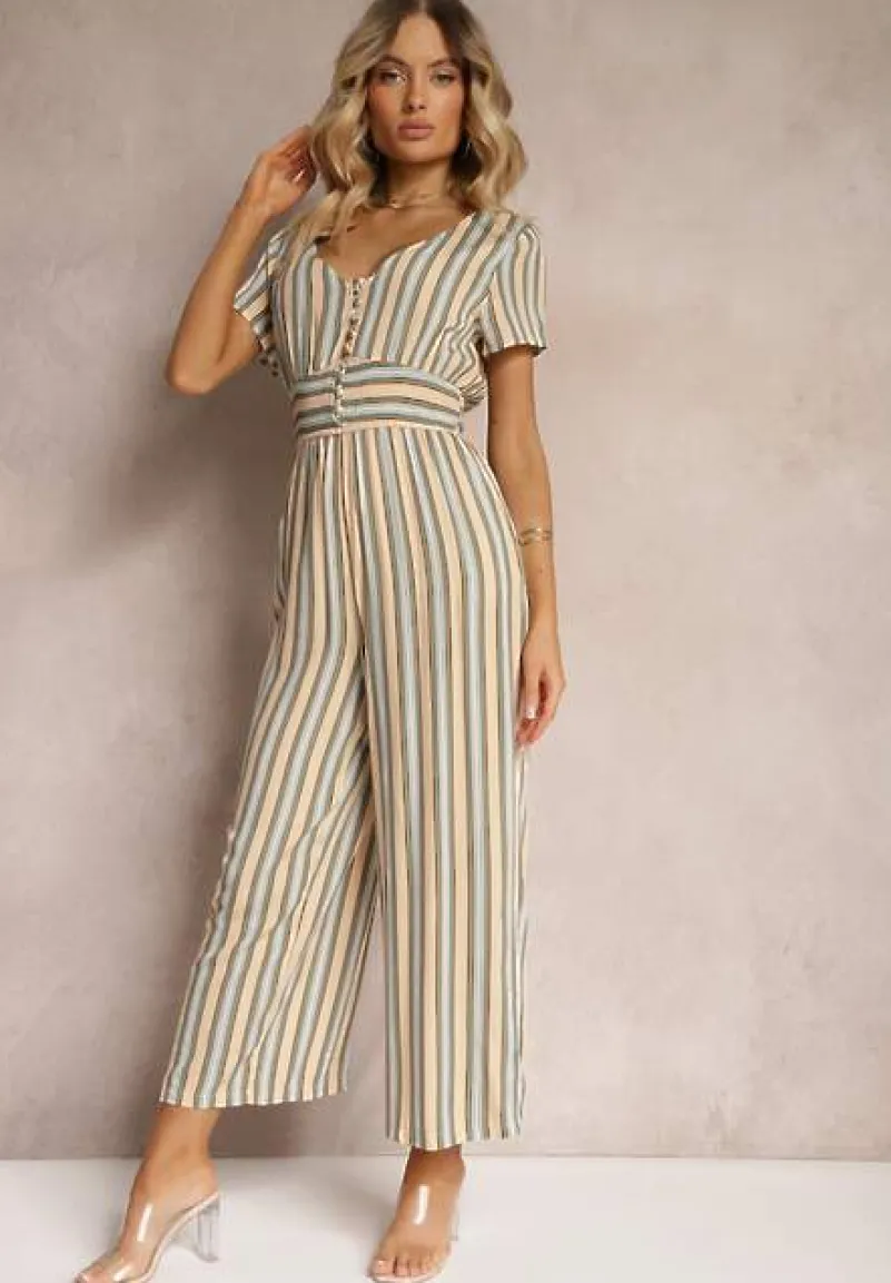 Beżowy Kombinezon z Wiskozy Wykończony Gumką w Talii i Guzikami przy Dekolcie Tinaviras