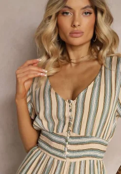 Beżowy Kombinezon z Wiskozy Wykończony Gumką w Talii i Guzikami przy Dekolcie Tinaviras