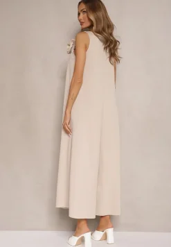 Beżowy Kombinezon z Wiskozą Ozdobiona Kwiatem Broszką 3D Solio