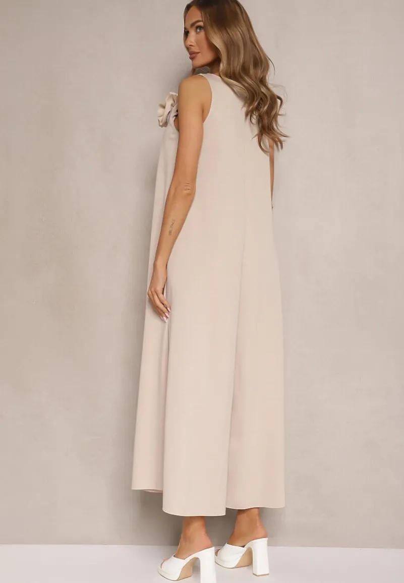 Beżowy Kombinezon z Wiskozą Ozdobiona Kwiatem Broszką 3D Solio