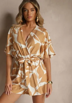 Beżowy Kombinezon z Wiskozą o Kopertowym Kroju z Wiązanym Paskiem Folavelle