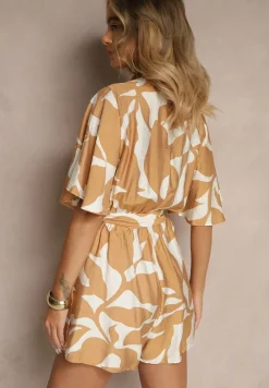 Beżowy Kombinezon z Wiskozą o Kopertowym Kroju z Wiązanym Paskiem Folavelle