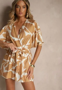 Beżowy Kombinezon z Wiskozą o Kopertowym Kroju z Wiązanym Paskiem Folavelle