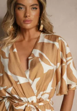 Beżowy Kombinezon z Wiskozą o Kopertowym Kroju z Wiązanym Paskiem Folavelle
