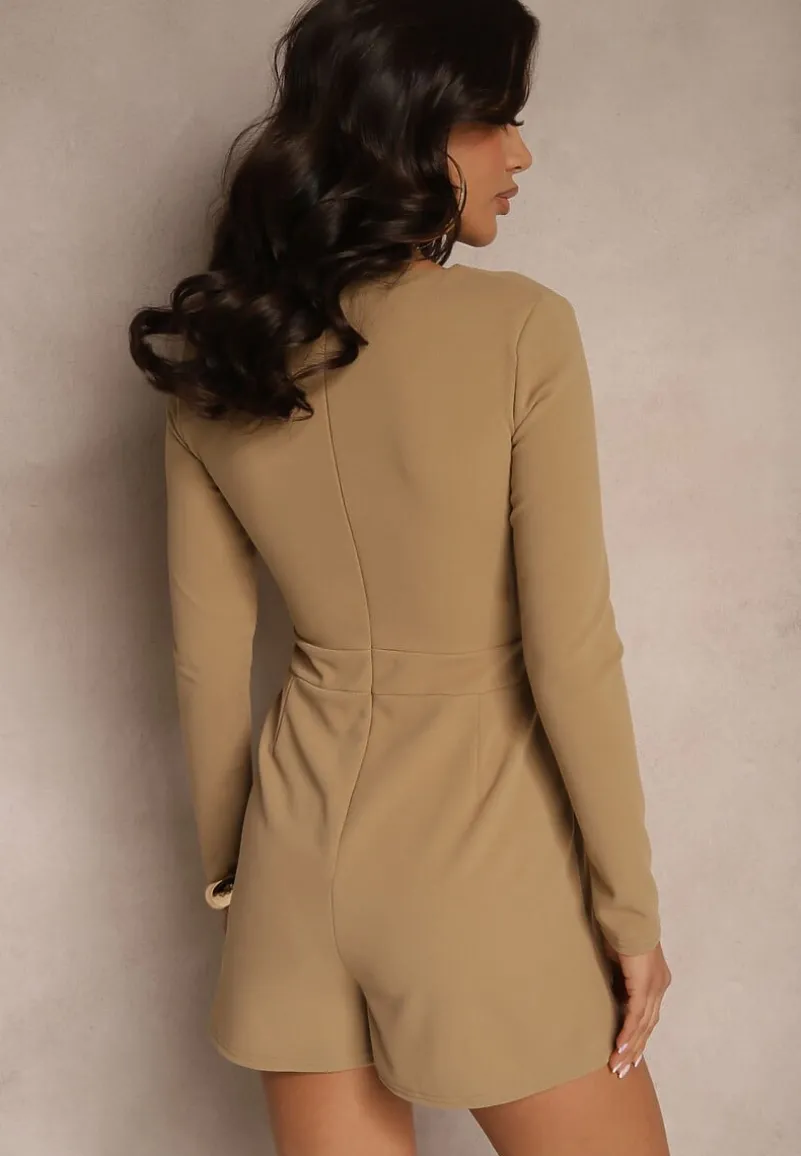Beżowy Kombinezon z Wiskozą o Dopasowanym Kroju z Marszczeniem Adiveli