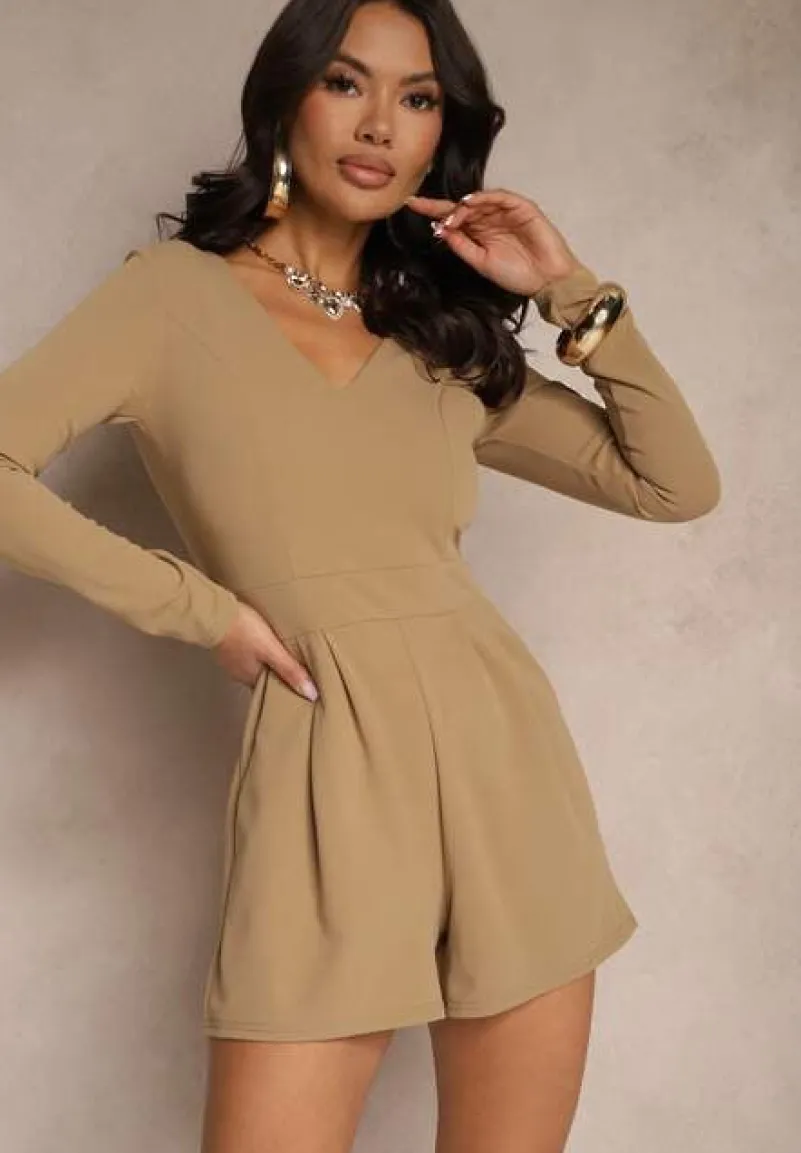 Beżowy Kombinezon z Wiskozą o Dopasowanym Kroju z Marszczeniem Adiveli