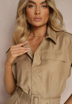 Beżowy Kombinezon Zapinany na Guziki z Krótkim Rękawem i Materiałowym Paskiem Tiamante