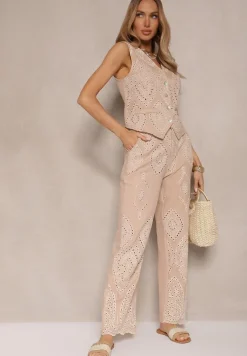 Beżowy Komplet Ażurowy Spodnie o Szerokim Kroju Rozpinana Kamizelka Evelliova