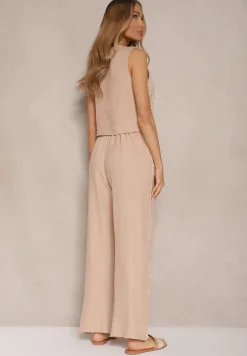 Beżowy Komplet Ażurowy Spodnie o Szerokim Kroju Rozpinana Kamizelka Evelliova