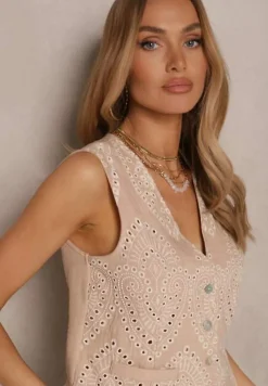 Beżowy Komplet Ażurowy Spodnie o Szerokim Kroju Rozpinana Kamizelka Evelliova