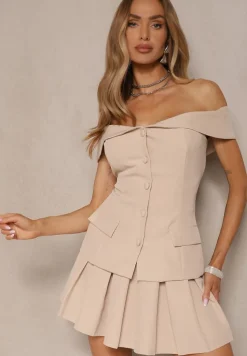 Beżowy Komplet Bluzka Hiszpanka Zapinana na Guziki i Rozkloszowana Spódnica Saladriela