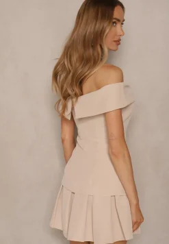 Beżowy Komplet Bluzka Hiszpanka Zapinana na Guziki i Rozkloszowana Spódnica Saladriela