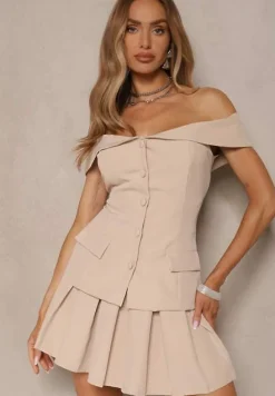 Beżowy Komplet Bluzka Hiszpanka Zapinana na Guziki i Rozkloszowana Spódnica Saladriela