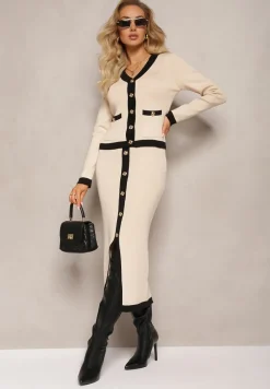 Beżowy Komplet 3-Częściowy Bluzka Kardigan oraz Spódnica Ozdobione Napami Jespella