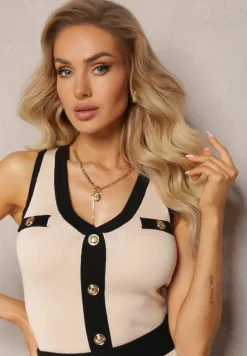 Beżowy Komplet 3-Częściowy Bluzka Kardigan oraz Spódnica Ozdobione Napami Jespella