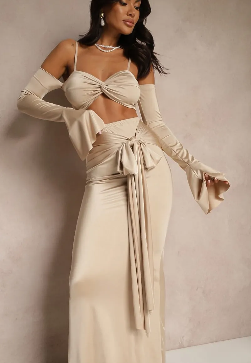 Beżowy Komplet Dopasowana Spódnica z Trenem i Top z Rękawami z Falbanką Adivaria