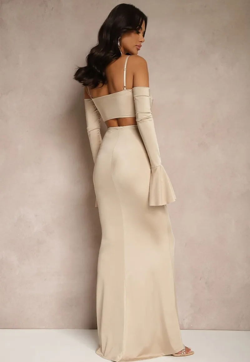 Beżowy Komplet Dopasowana Spódnica z Trenem i Top z Rękawami z Falbanką Adivaria